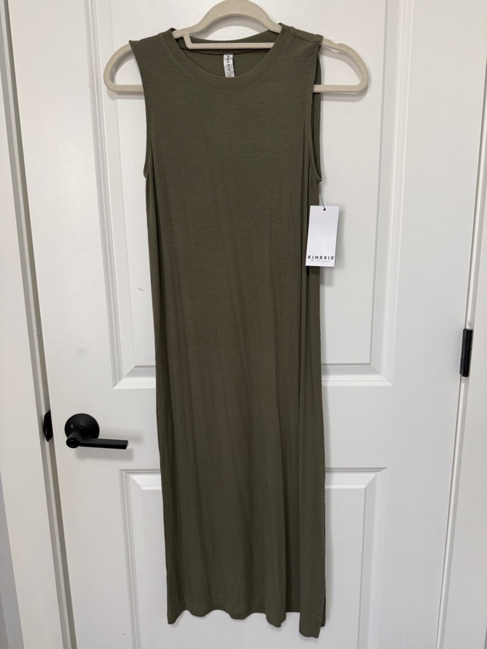 Kinesis olive green sleeveless midi dress, crewneck ribbed fitted silhouette XS